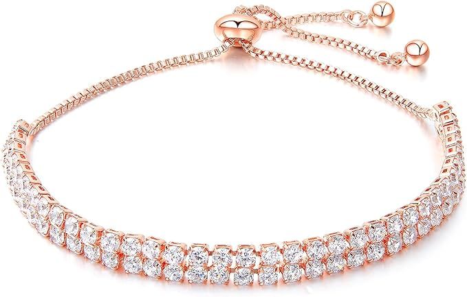 18K Tennis Bracelet For Women, Rose Gold ＆Sterling Silver Plated Square AAA+ Classic Cubic Zirc... | Amazon (US)