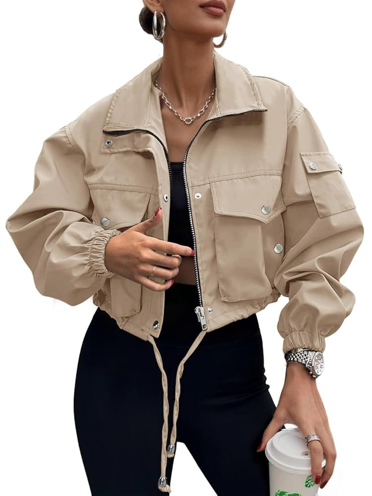 Womens Cropped Bomber Jacket 2025 Trendy Zip Up Lightweight Utility Anorak Coat With Pockets | Amazon (US)