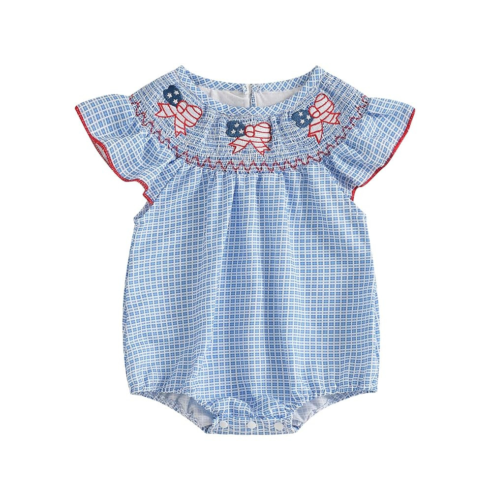 4th of July Baby Girl Outfits Plaid Print American Flag Romper Smocked Bodysuit Cute Newborn Four... | Amazon (US)