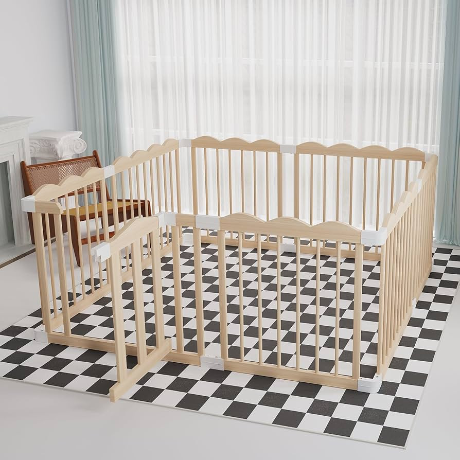 Baby Playpen, Wooden Playpen for Babies and Toddlers, Large Adjustable Wooden Baby Playpen with L... | Amazon (US)