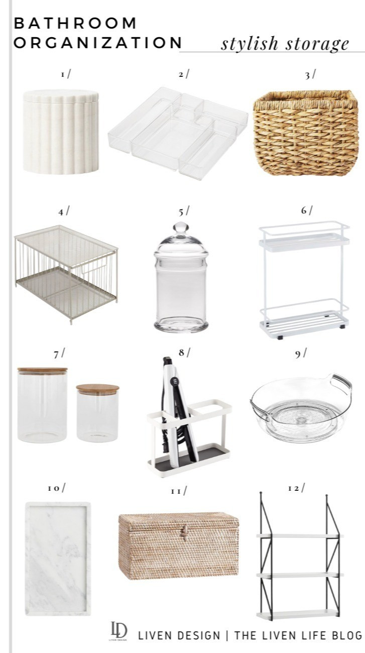 Bathroom organization. Bathroom storage. Shower caddy. Vanity tray. Storage jars. Glass jars. Drawer organization. 

#LTKSeasonal #LTKHome #LTKSaleAlert