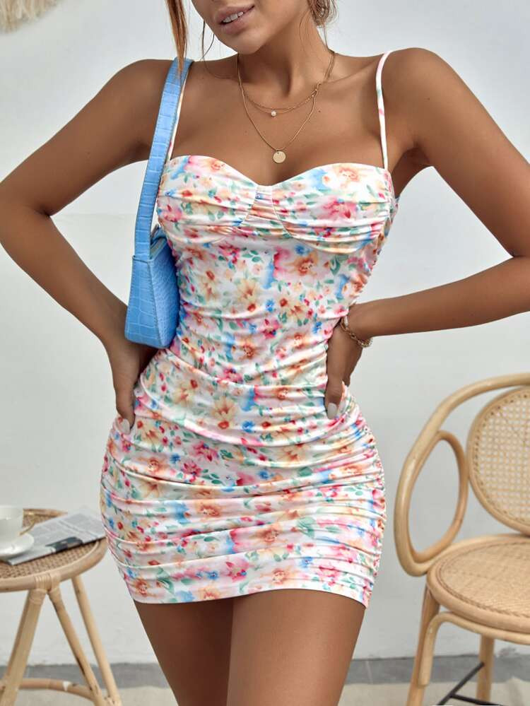 SHEIN VCAY Floral Print Ruched Cami Satin Bodycon Dress | SHEIN
