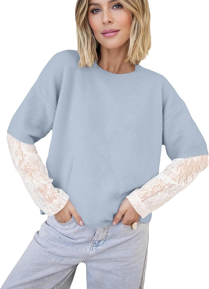 Seetaa Women's Lace Long Sleeve Sweater Crewneck Casual Loose Ribbed Knit Top | Amazon (US)