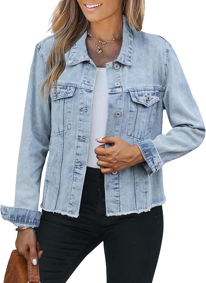 LookbookStore Jean Jackets for Women Trendy Button Down Denim Trucker Jackets Long Sleeves Frayed... | Amazon (US)