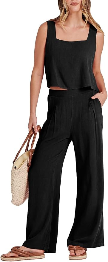 ANRABESS Women's 2 Piece Outfits Square Neck Linen Tank Crop Top Wide Leg Pants Matching Lounge S... | Amazon (US)