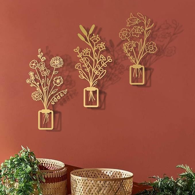 Set of 3 Gold Metal Flowers Wall Decor,Gold Wall Metal Art Minimalist Vase Wall Sculptures, Gold ... | Amazon (US)