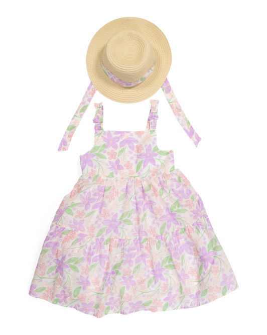 Girls Sleeveless Printed Dress With Straw Hat | TJ Maxx