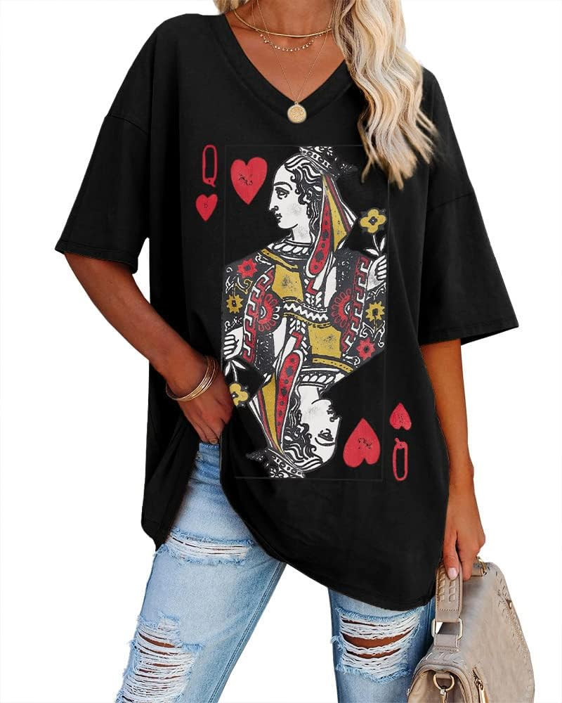 Fazortev Womens Oversized Queen Of Hearts Graphic T Shirts Casual V Neck Half Sleeve Summer Loose... | Amazon (US)
