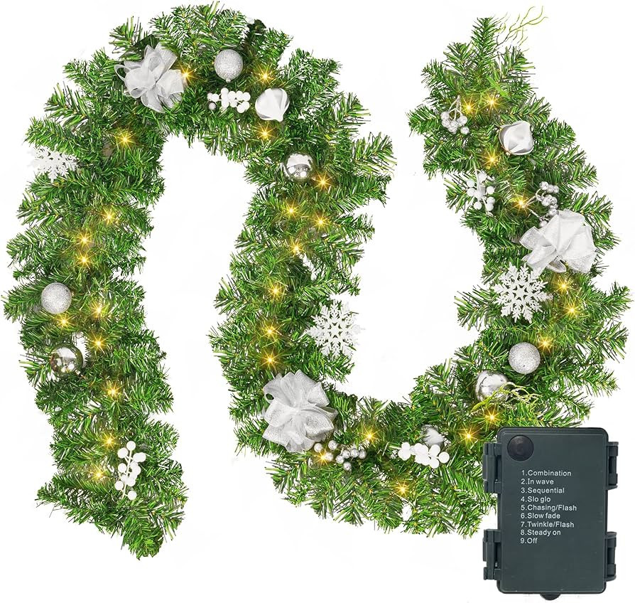 FUNPENY 9 FT Artificial Christmas Garland, Pre-Lit 50 LED Battery Operated Lighted Silver Berries... | Amazon (US)