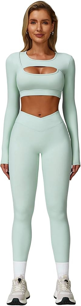ABOCIW Women Workout Sets Long Sleeve Crop Top Built In Bra Crosover High Waist Leggings 2 Piece ... | Amazon (US)