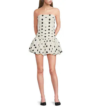 Dotted Print Square Neck Removable Strap Sleeveless Mesh Fitted Bubble Hem Mini Dress | Dillard's