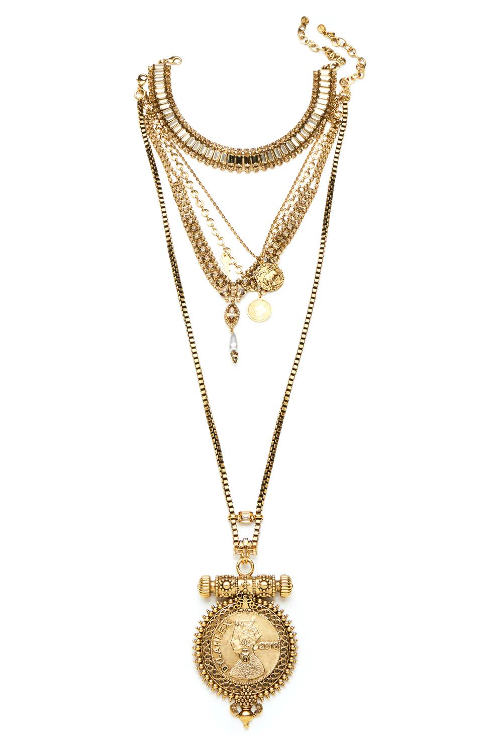 Luxury Statement Necklace | Brass & Swarovski Crystals | Hand Casted Queen Embossed Coin | Vintag... | DYLANLEX