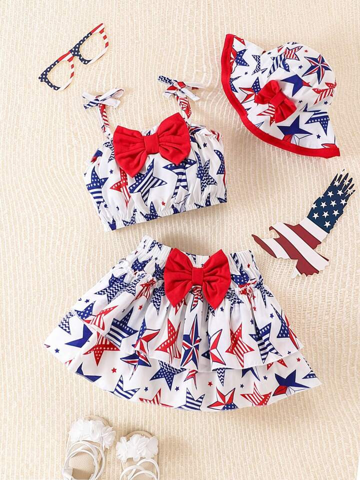 3pcs/Set Baby Girls' Summer Outfits, Red Bowknot & Star Patterned Sleeveless Top With Hat And Mul... | SHEIN