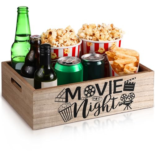Movie Night Supplies Snack Trays with Handles Reusable Wooden Movie Gift Basket for Theater Popcorn Bucket Bowl Box Container Family Room Christmas Decor(Rustic Wood) | Amazon (US)