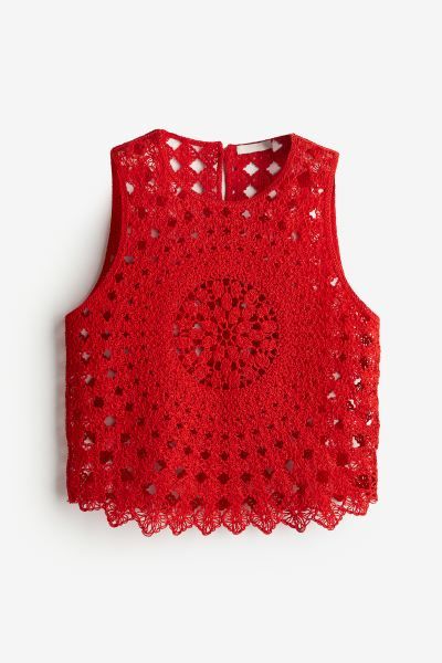 Crochet-look vest top - Round neck - Sleeveless - Bright red - Ladies | H&M GB | H&M (UK, MY, IN, SG, PH, TW, HK)
