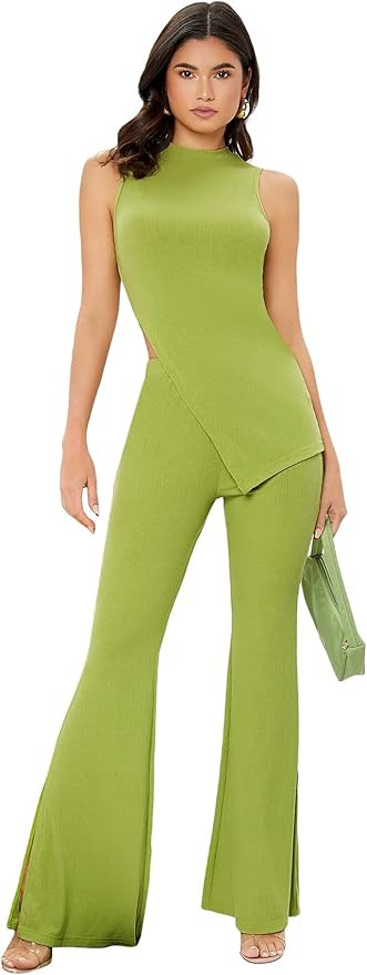 Floerns Women's Mock Neck Slit Hem Tank Top and Pants Set Two Piece Outfit | Amazon (US)