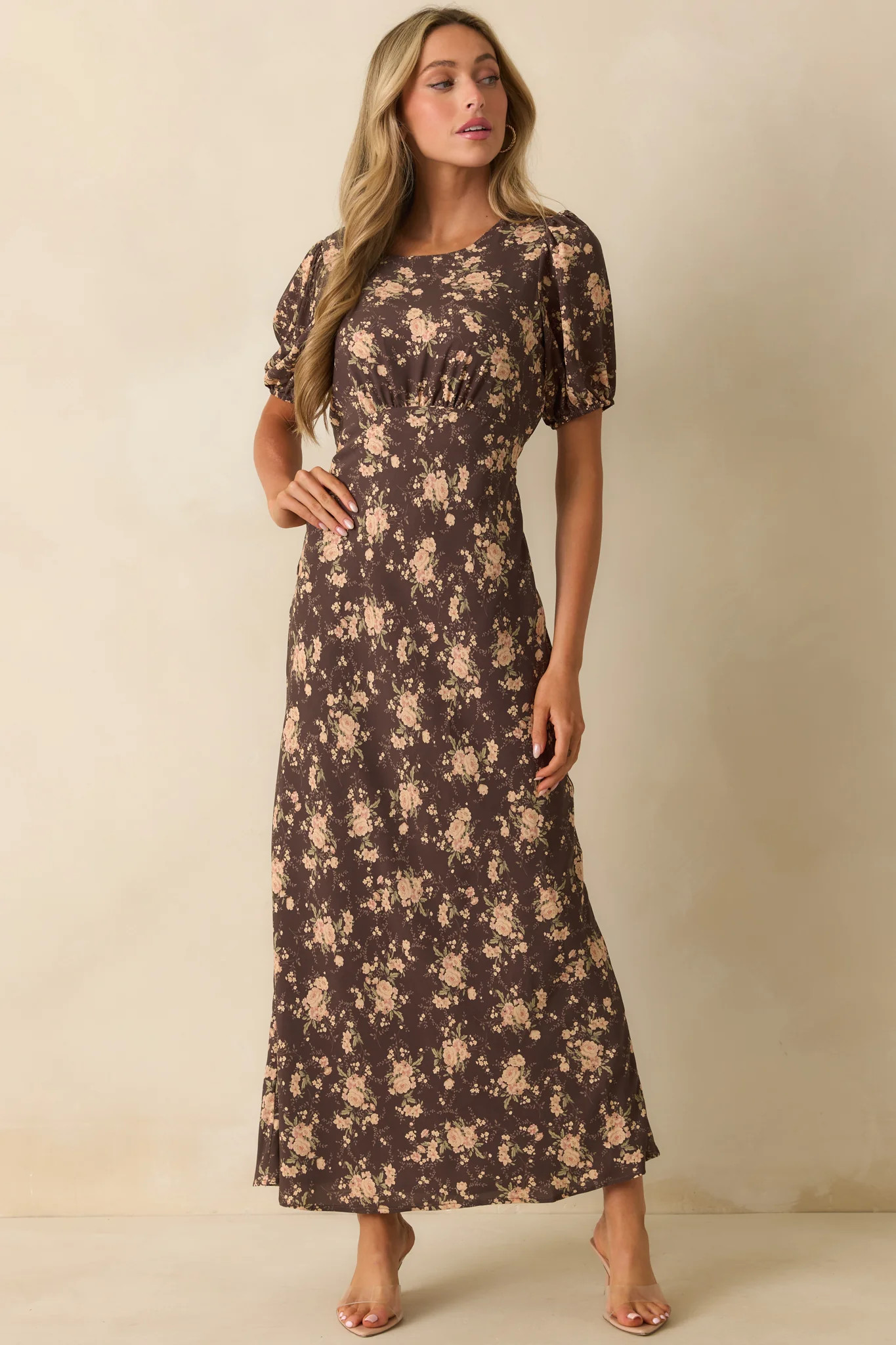 Into The Garden Chocolate Brown Multi Floral Print Maxi Dress | Red Dress