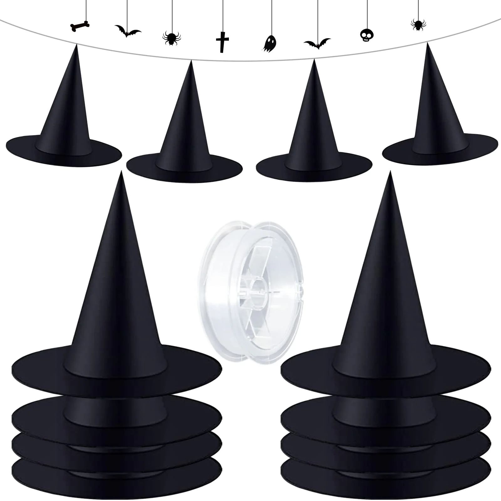 ZeeDix 8Pcs 15Inch Halloween Black Witch Hats Caps with 98 Feet Rope,Adults and Kids Hanging Part... | Walmart (US)