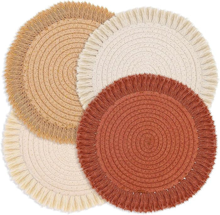 13 Inch Round Cotton Placemat Set of 4 Boho Placemats Table Mats Woven Washable Table Placemats f... | Amazon (US)