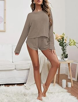 Ekouaer Womens Waffle Knit Pajama Sets Long Sleeve Top and Shorts Matching Lounge Set Loungewear ... | Amazon (US)