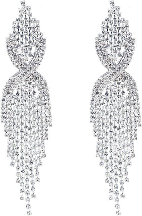 Amazon.com: CHRAN Silver Rhinestone Long Tassels Dangle Chandelier Earrings Jewelry Size 3.5": Cl... | Amazon (US)
