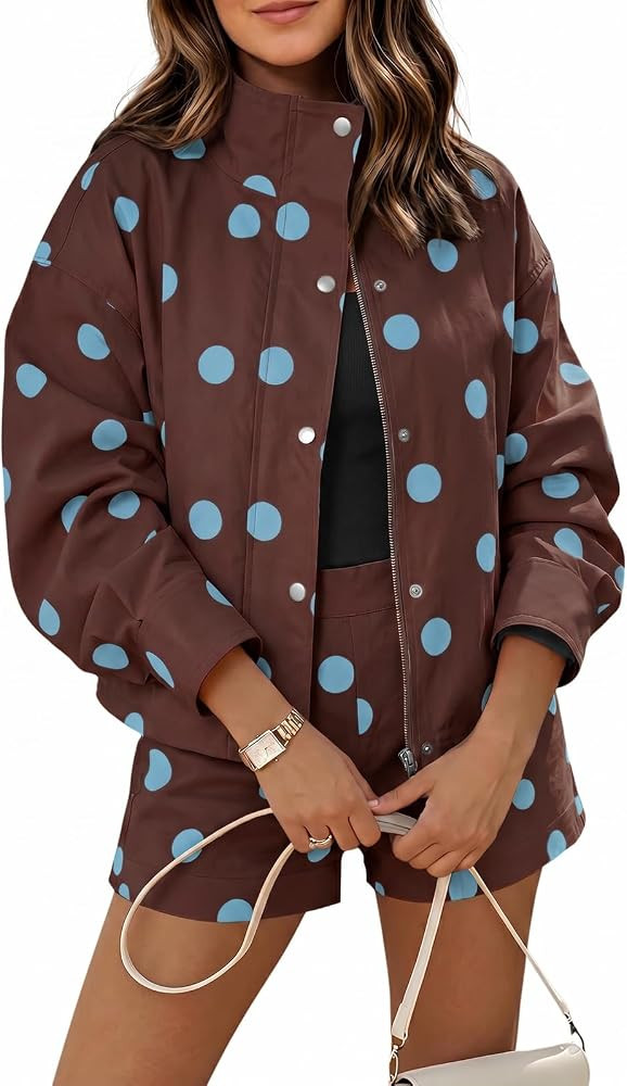 Tankaneo Womens 2 Piece Outfits Polka Dot Shorts Set Zip Up Cropped Jacket | Amazon (US)