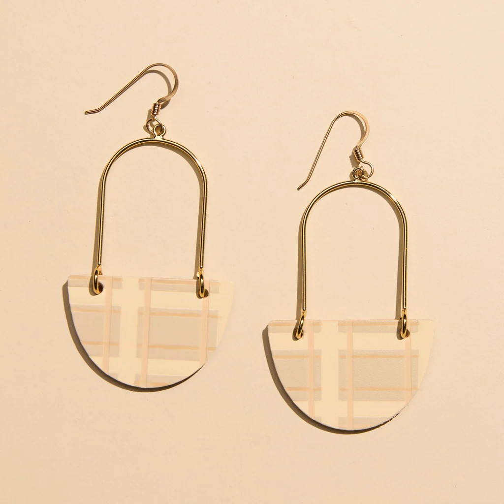 Ecru Cream Tartan Isla Leather Hoop Earrings | Nickel and Suede
