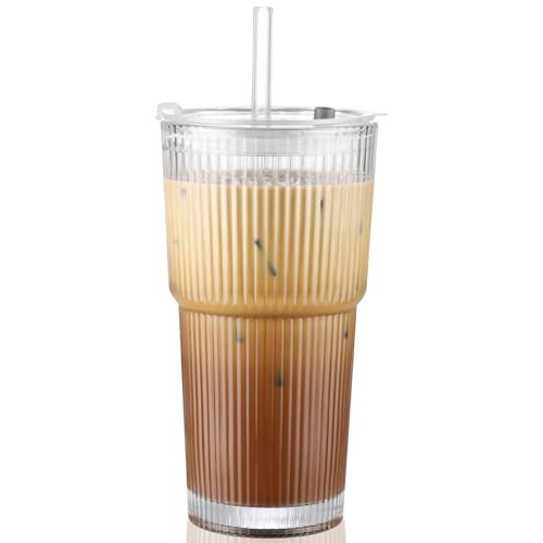 CWHHRN 20 oz Glass Cup with Lid and Straw, Glass Tumbler with Straw and Lid, Vintage Glassware for Whiskey Cocktail Beer, Iced Coffee Cups with Lid (1 PACK) | Amazon (US)