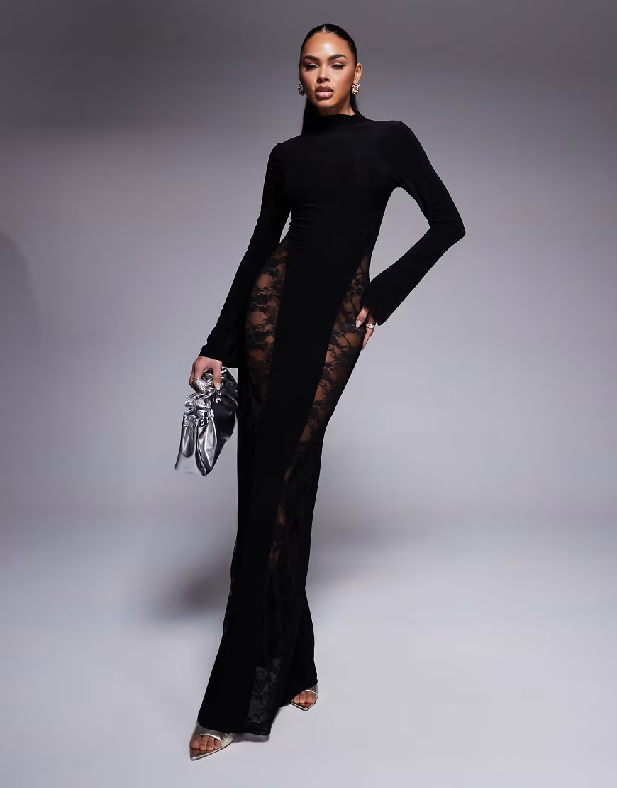 ASOS DESIGN long sleeve high neck maxi dress with seamed lace panels in black | ASOS (Global)
