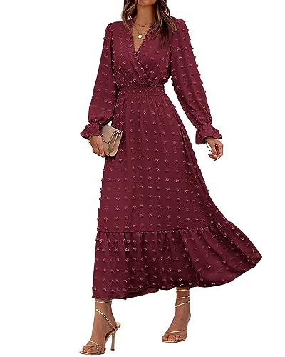 BTFBM Women Fall Maxi Dresses 2025 Long Sleeve V Neck Swiss Dots High Waisted A-Line Ruffle Boho Long Dress Vacation(Wine Red,Medium) | Amazon (US)