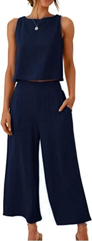 Meyhad Womens Cotton Linen 2 Piece Outfits Crop Tank Tops Wide Leg Pants Set Casual Lounge Sets | Amazon (US)