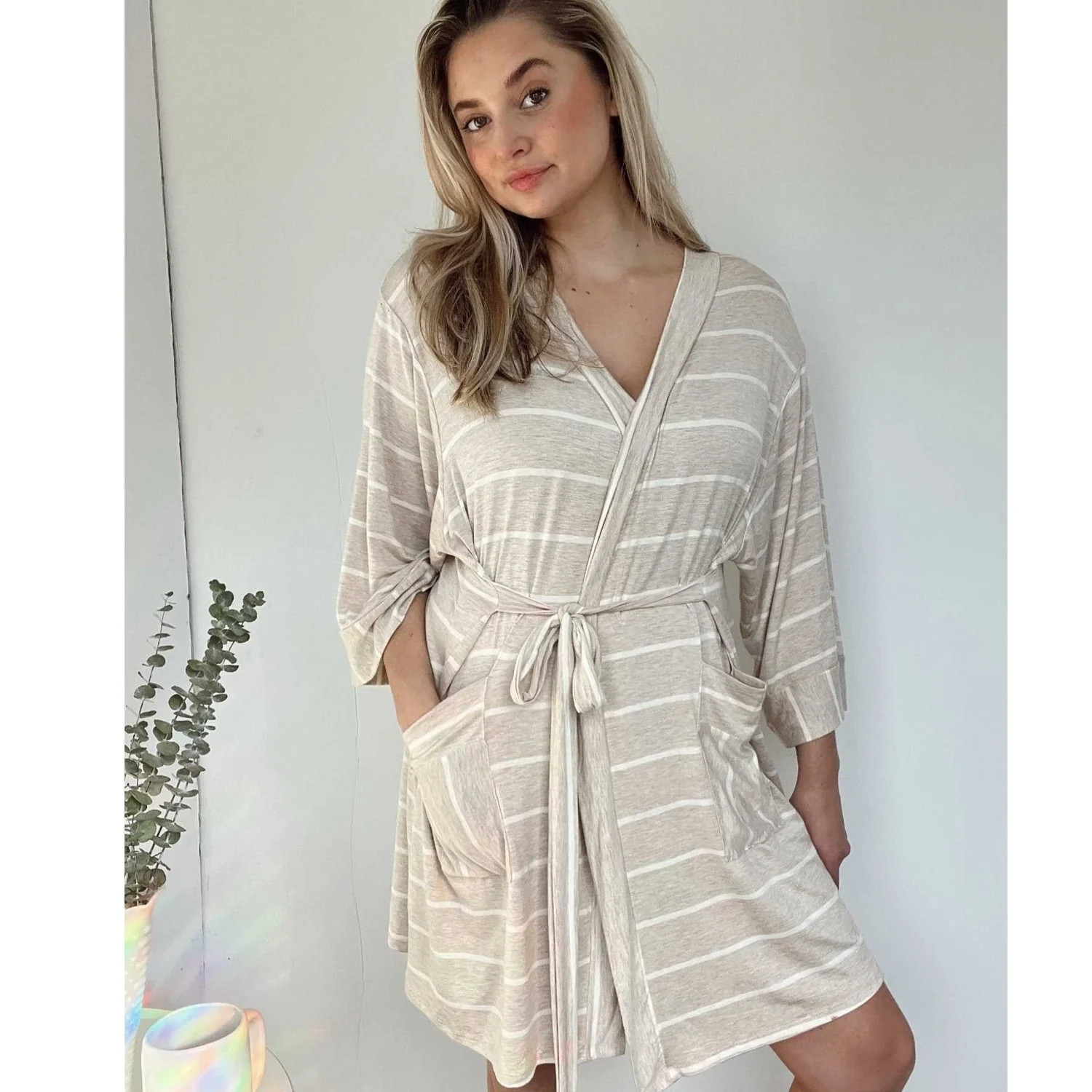 Nurtured 9 Maternity Robe -- Oatmeal and Cream Stripe — NURTURED 9 | NURTURED 9