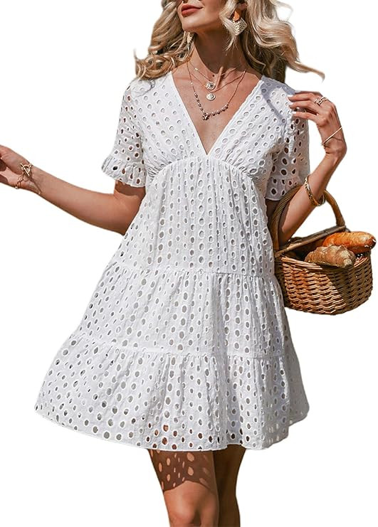 Miessial Women's Summer Embroidery Round Neck Mini Dress Hollow Out Loose Swing Dress | Amazon (US)