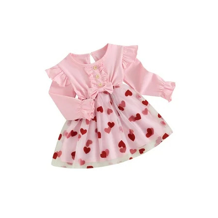 Niceyoeuk Round Neck Heart Mesh Print Frill Baby Girl Long Sleeve Tutu Dress | Walmart (US)