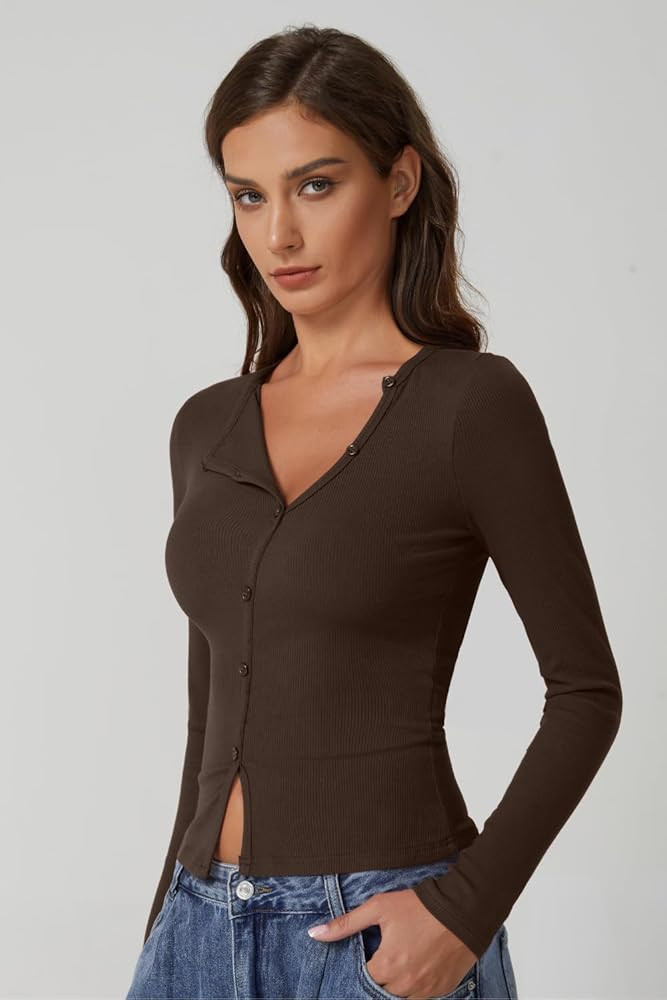 QINSEN Women's Long Sleeve Ribbed Crewneck Shirts Upper Button Fastening Going Out Tops | Amazon (US)