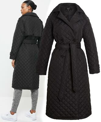 Womens Diamond Quilted Trench Coat Black Mac Long Jacket Size 16 14 12 10 8 | eBay UK