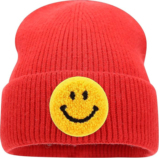 Smiley Face Embroidered Beanie Hat Happy Graphic Cuffed Skull Cap Cute Pattern Winter Warm Watch ... | Amazon (US)