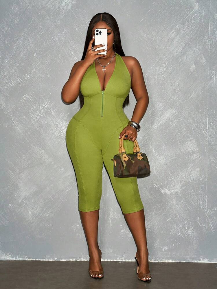 Slaydiva Spring/Summer New Avocado Green Sleeveless Halter Tie-Knot Deep V-Neck Partial Cutout Design High Stretch Ribbed Knit Fabric Plus Size Women Jumpsuit Kizn Yoga Jumpsuit Workout Bodysuit Women 2 Piece Outfit Katseye Jackpot Y2k Jumpsuit, | SHEIN