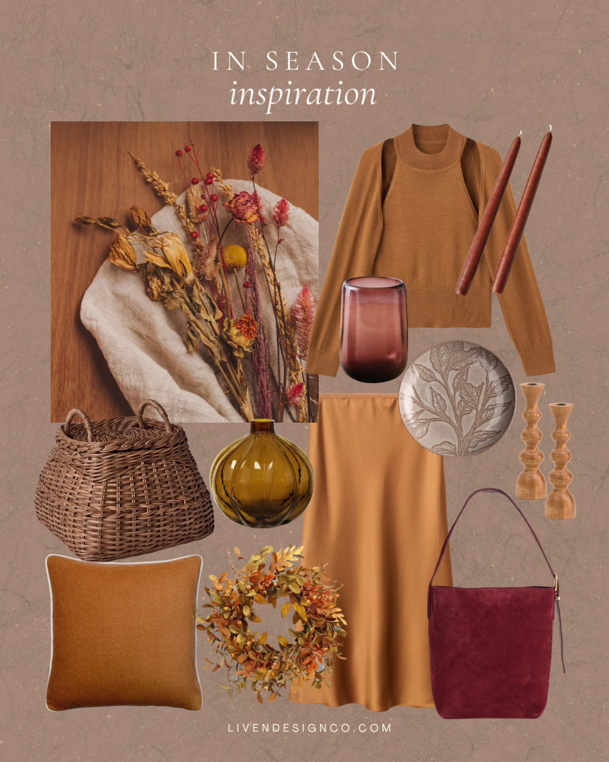 Fall decor. Autumn decor. Fall wreath. Satin skirt. Midi skirt. Fall style. Woven basket. Colored glass. Throw pillow. Fall dinnerware. Brown taper candles. Candleholders. Colored burgundy glassware. Suede tote. 

#LTKCyberWeek #LTKHome #LTKSeasonal