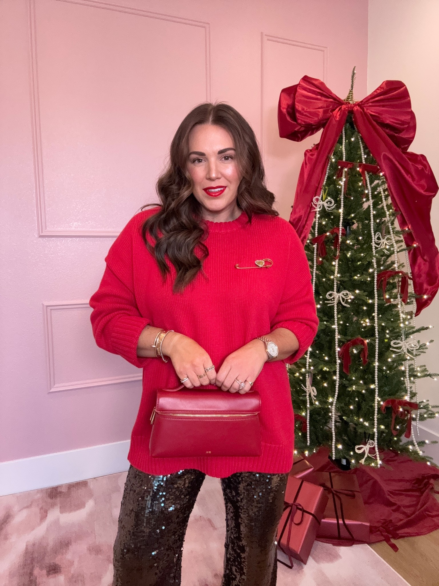 curvy midsize festive outfit for the holidays! wearing size xl in sweater for oversized fit and size 12 in sequin pants (fully lined)  

#LTKFindsUnder100 #LTKMidsize #LTKHoliday