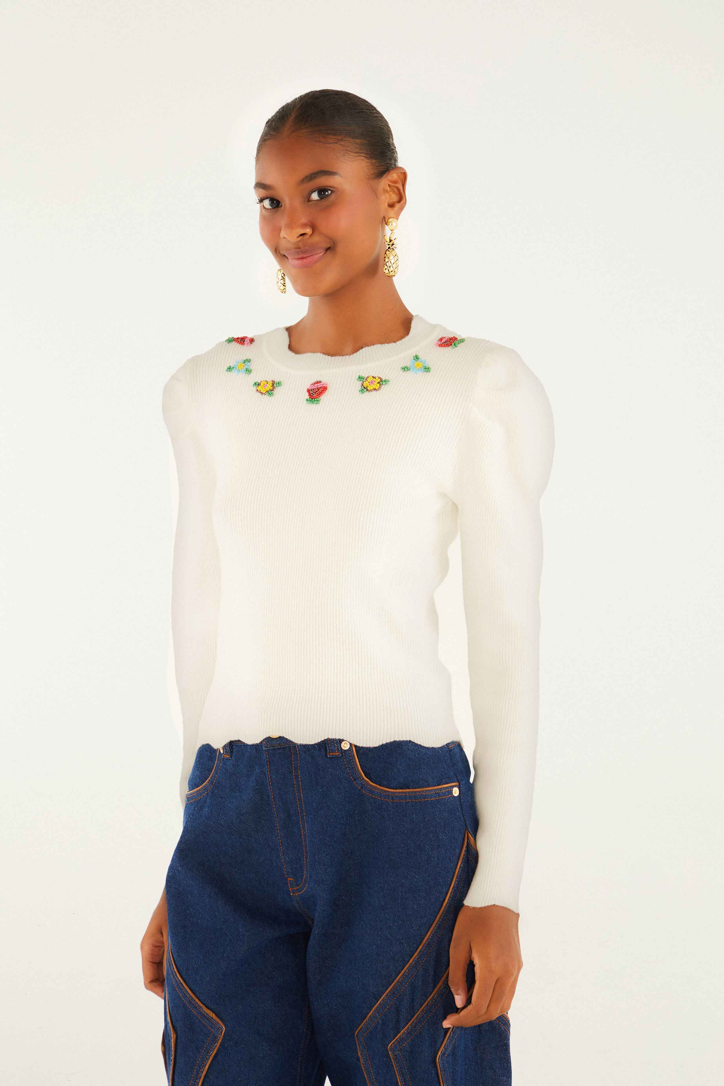 Off-White Flower Embroidery Knit Top, OFF-WHITE / M | FarmRio (US)