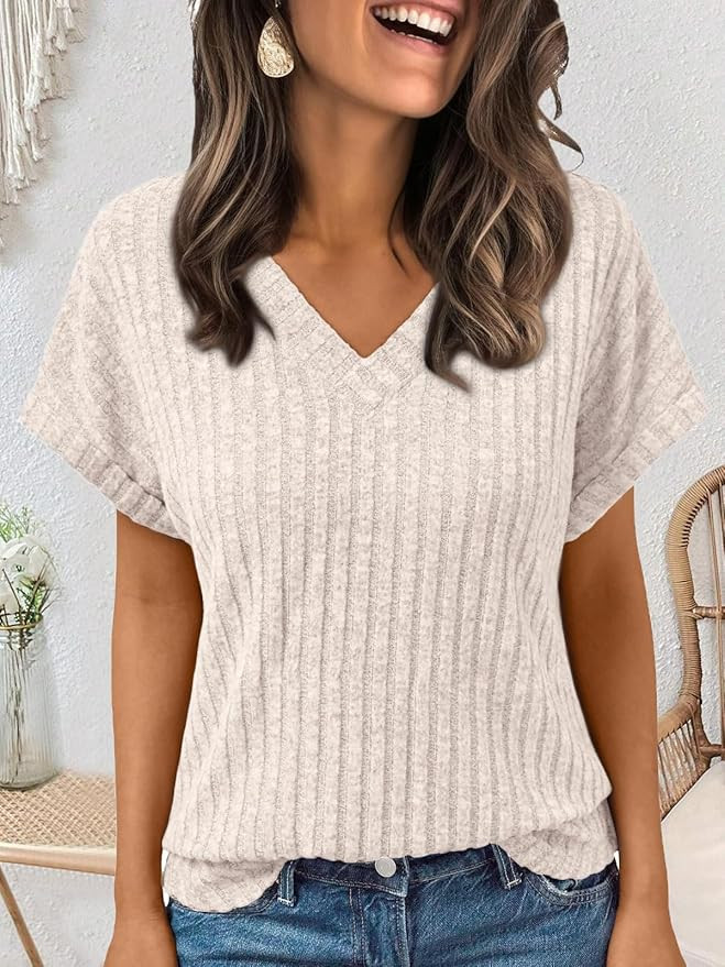 Women Tops Summer Sweaters Short Sleeve V Neck Shirts 2025 Spring Fashion Dressy Casual Business ... | Amazon (US)