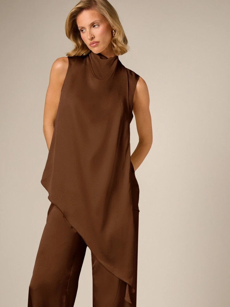 AiiRZ Sleeveless Mock Neck Asymmetric Drape Satin Top With High Low Hem Design For Elegant Occasions | SHEIN