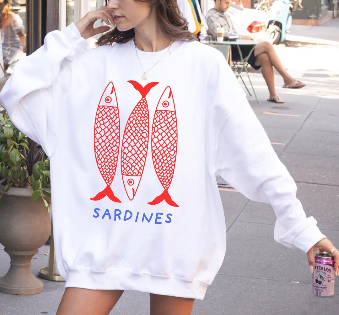 Fisherman aesthetic Sweatshirt bold oversized sweatshirt sardines sweatshirt beach summer trendy ... | Etsy (US)