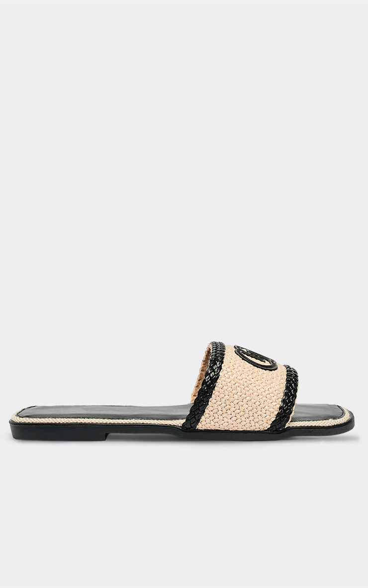 Combo Logo Woven Detail Flat Slider Sandal In Black Faux Leather | EGO Shoes (US & Canada)