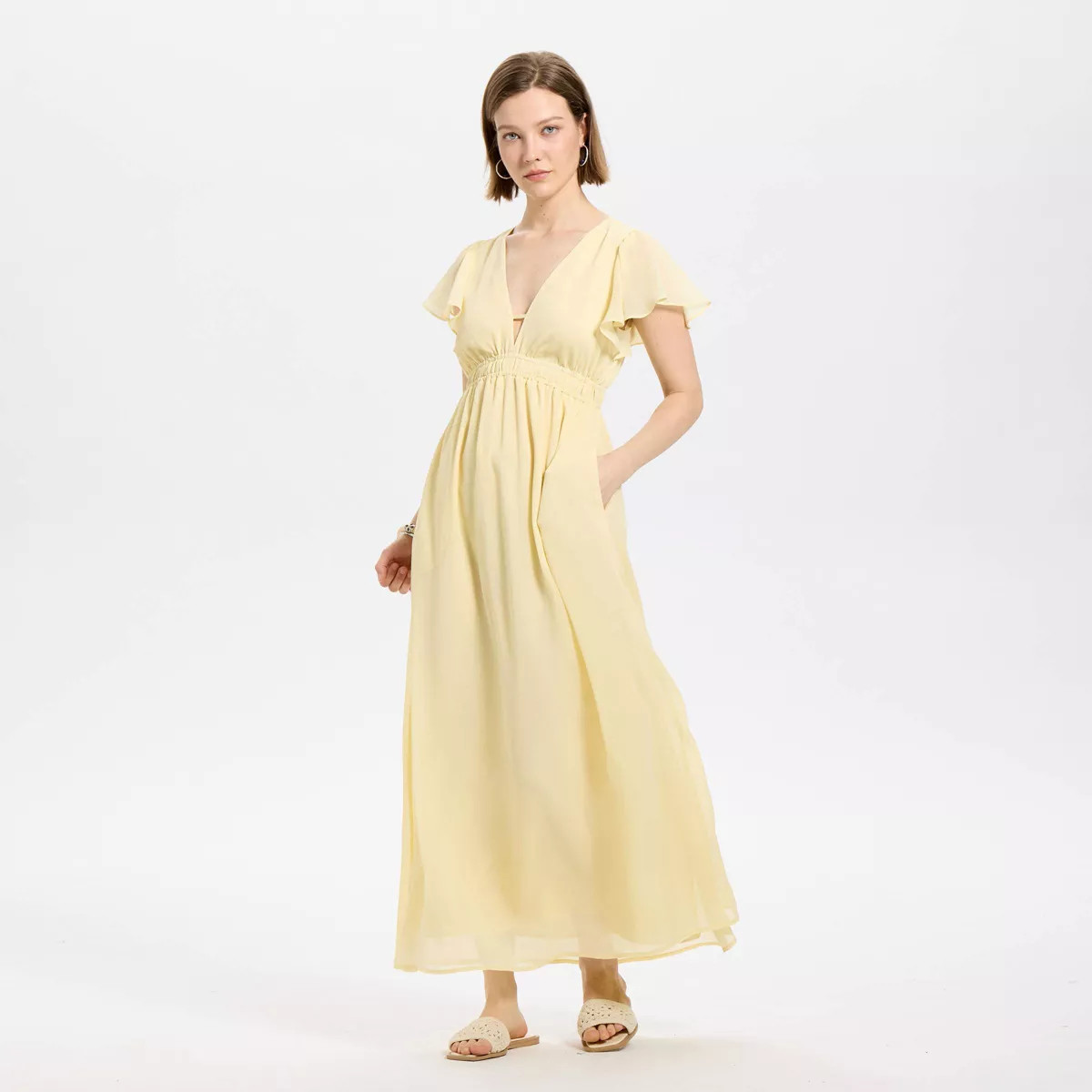 Women's Ruffle Cap Sleeve Maxi A-Line Dress - A New Day™ Yellow XXL | Target