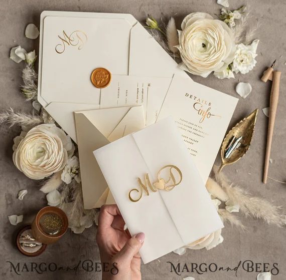 Minimalistic Gold Acrylic Wedding Invitations Luxury Golden - Etsy | Etsy (US)