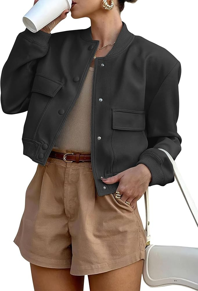 ANRABESS Womens Bomber Jacket Button Cropped Casual Varsity Jackets Shackets Fall Trendy Fashion ... | Amazon (US)