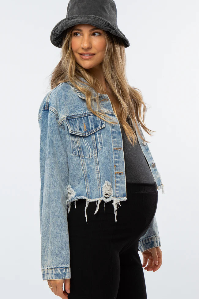 Light Blue Distressed Cropped Maternity Denim Jacket | PinkBlush Maternity