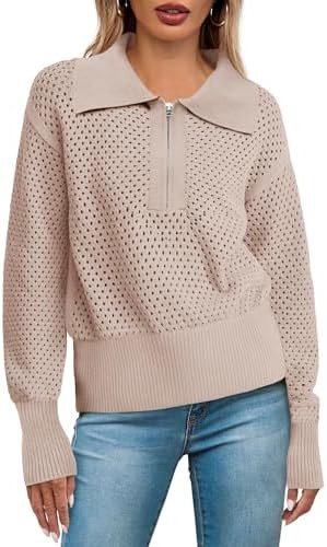 Women's Half Zip Pullover Sweaters Crochet Lapel Collar Long Sleeve Knit Solid Color Jumper Tops | Amazon (US)